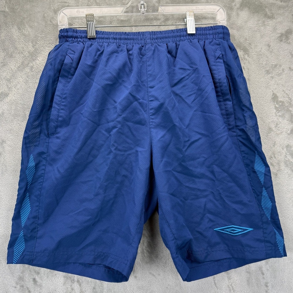 Umbro Mens Soccer Athletic Shorts Navy Blue Light Blue Graphic Print Size Medium